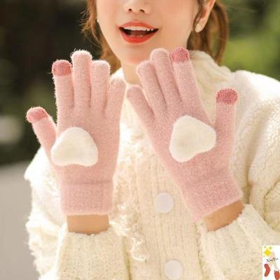 Warm Gloves Women's Five-finger Full-finger Gloves Peach Heart Meng Knitted Velvet Middle School Student Cold-proof Gloves Love Hands