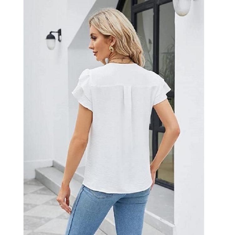 Summer V Neck Ruffle Chiffon Blouse Women Short Sleeve Office Casual Top Shirts
