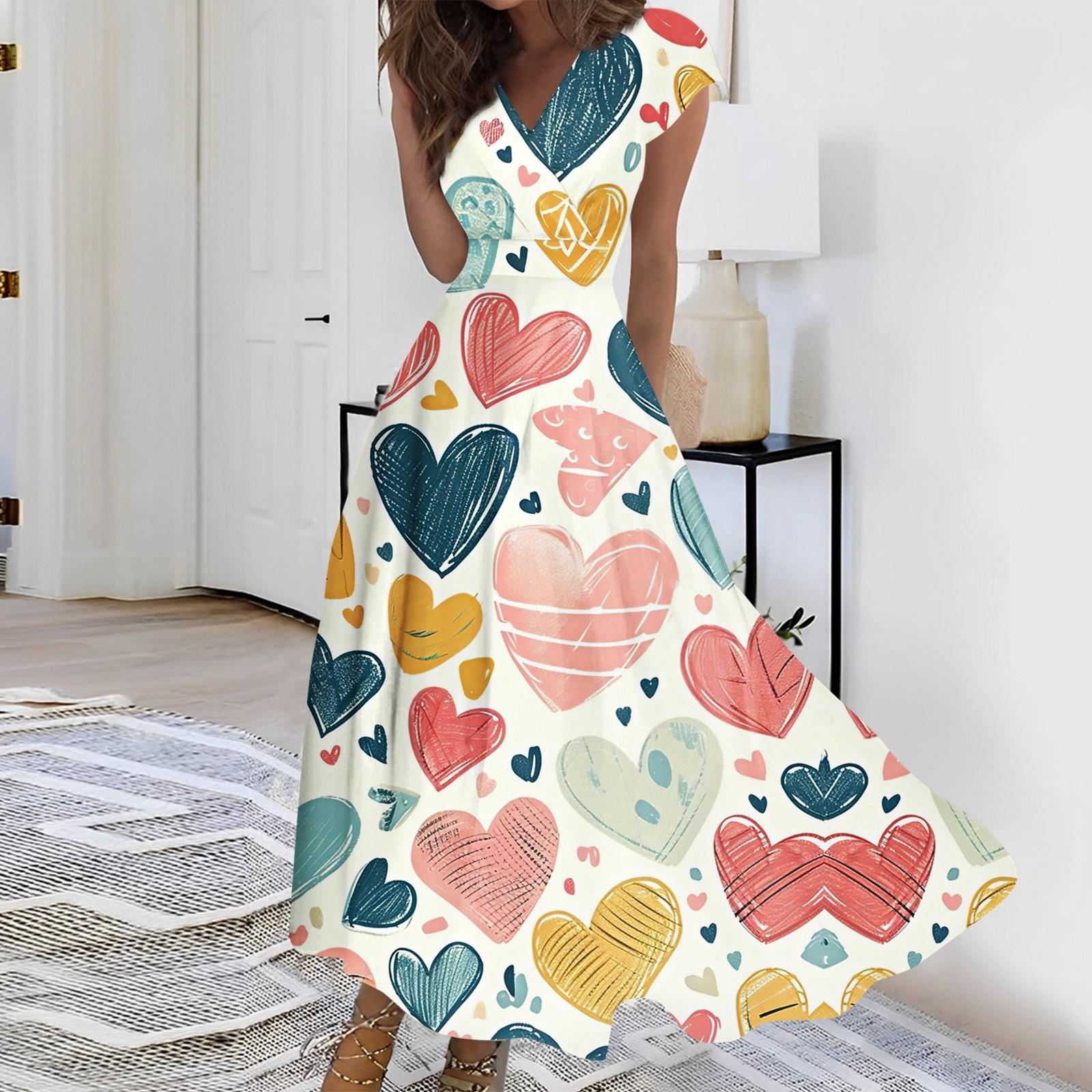 

Жіноча довга повсякденна сукня, весна-літо, з коротким рукавом, V-подібним вирізом і талією, принтована сукня XL білий