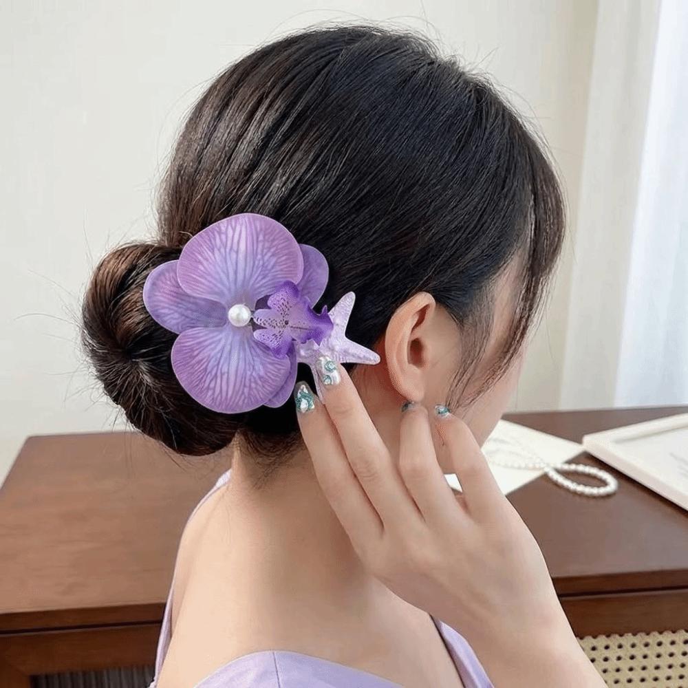 Trendy Orchid Flower Hairpin Vintage Resin Starfish Hair Clip Vacation Pearl Hair Clip  Wedding