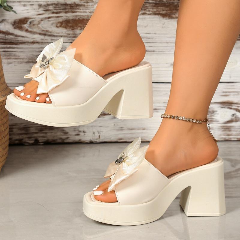 Fashion Square with Waterproof Table Slippers Summer New Round Head Open Toe Fabric Butterfly Knot Non-slip High Heels