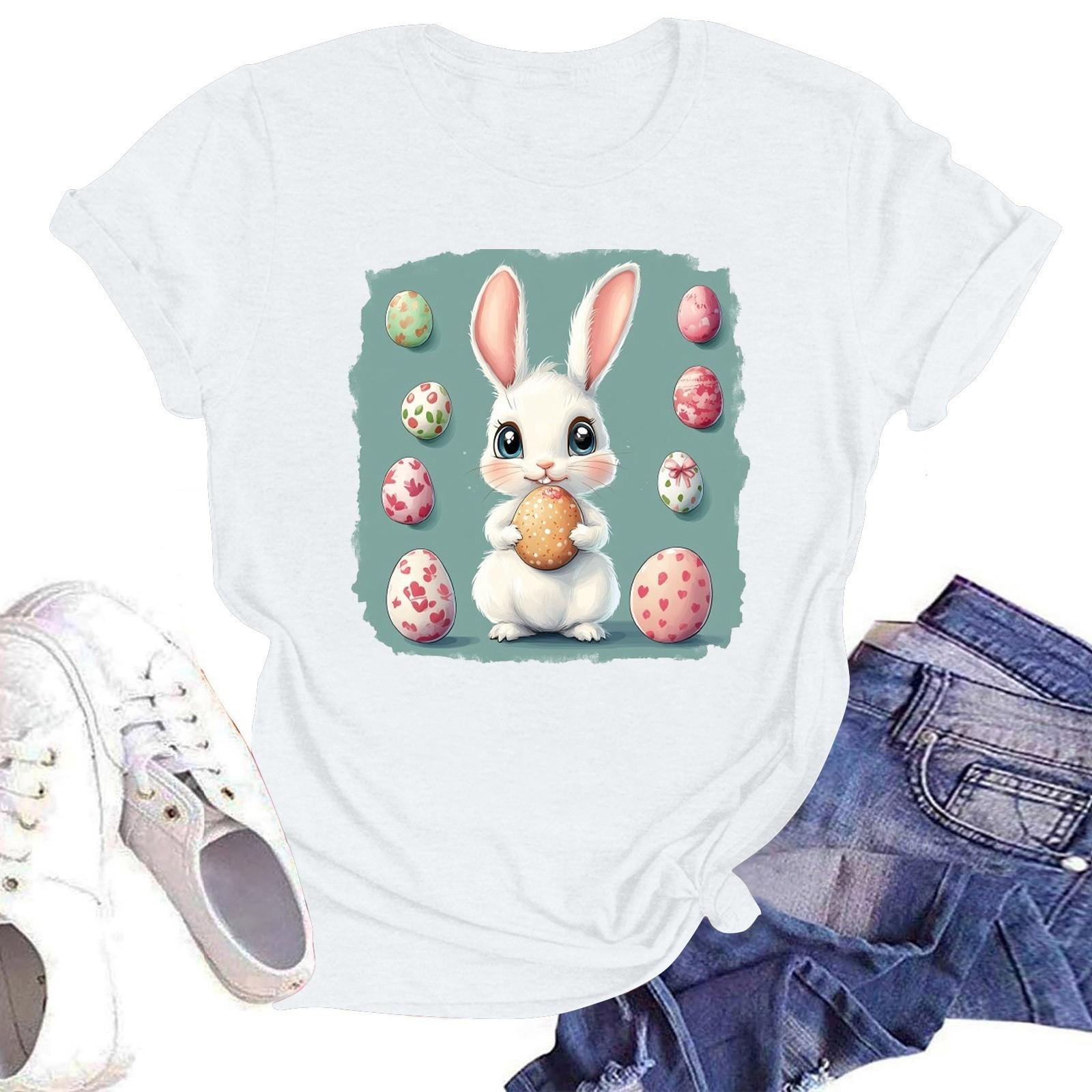 

Счастливой Пасхи женская мода принтованный круглый вырез короткий рукав футболка пуловер топ XL белый