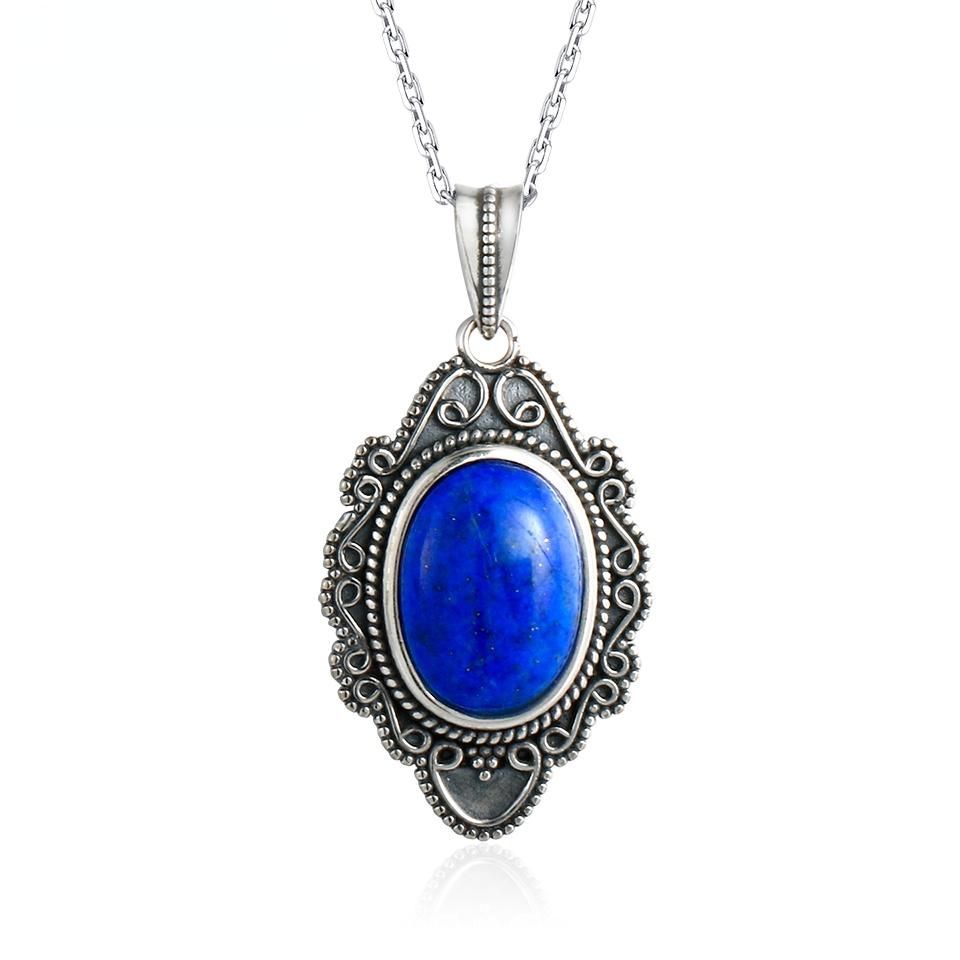 925 Sterling Silver Necklace Vintage Oval Lapis Pendants Necklace Jewelry For Women Party Birthday Gifts Fine Jewelry