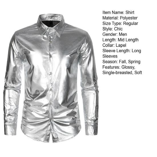 Männer Hemd Glänzende Oberfläche Umlegekragen Einreihig Lange Ärmel Knöpfe Satin Club Party Bühne