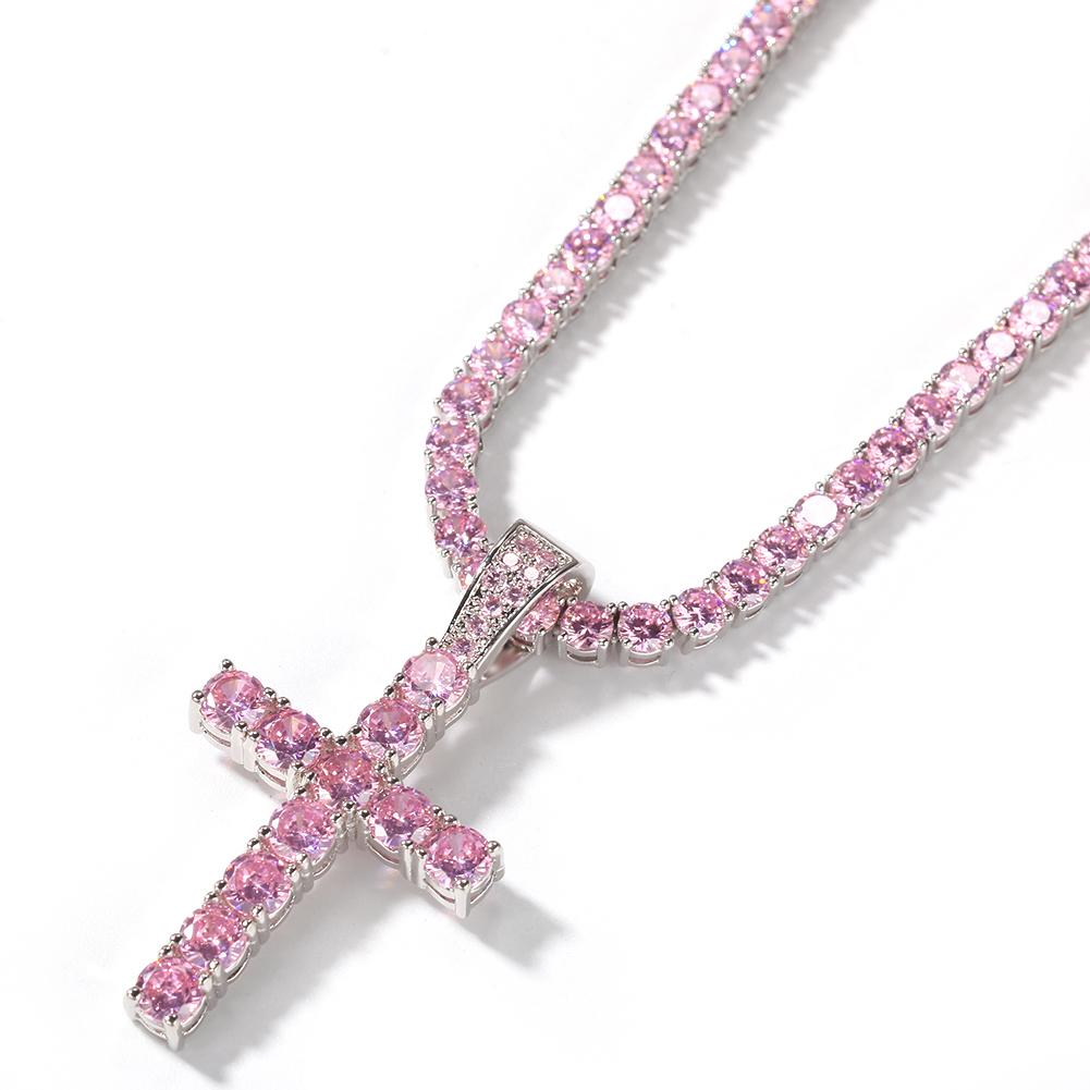 THE BLING KING Mode 4mm Rosa CZ Tennis Kette Mit Kreuz Anhänger Halskette Voll Eiskristall Zirkonia Damen Hiphop Schmuck Geschenk