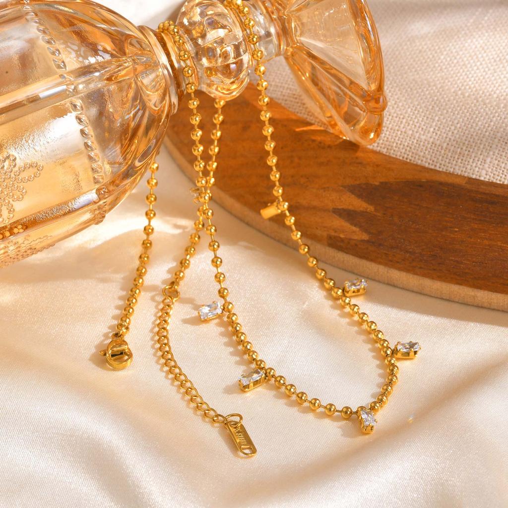 Stainless Steel 7 White Square Zircon Necklace Pendant Wave Bead Chain Gold Color Choker Necklaces Fashion Jewelry Gifts