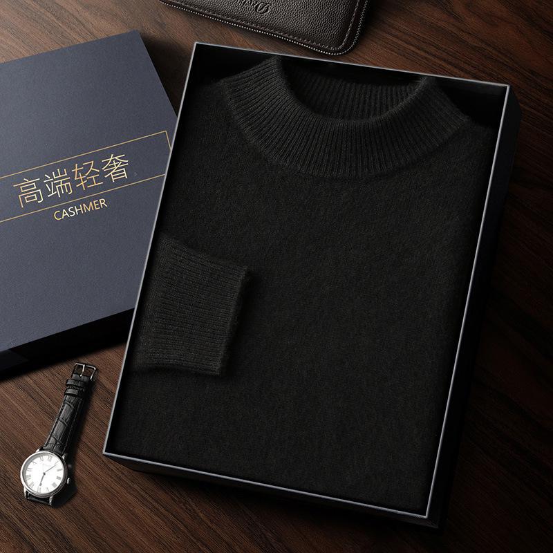 Men's Double-Thick Lamb Cashmere Sweater, Solid Color, Round Neck, Autumn/Winter Base Layer.