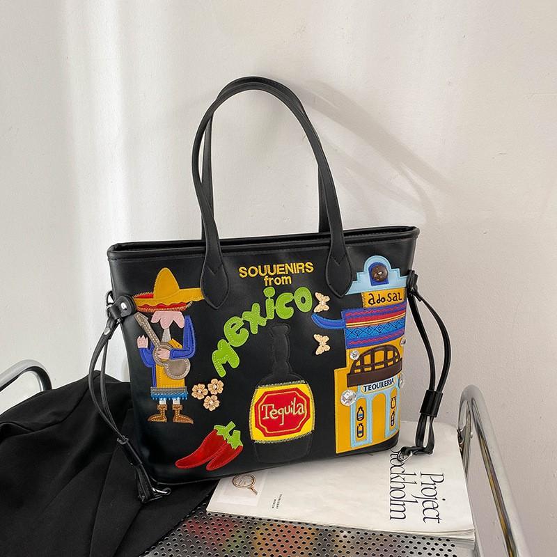 

Niche Embroidery Graffiti One-shoulder Tote Bag Mexican Style Portable Large Pocket Capacity Underarm Commuter чорний