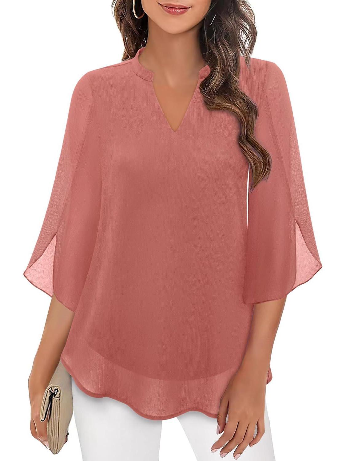 

Women s Casual Petal Sleeve V-Neck Chiffon Shirt – Summer 2025 Collection L рожевий