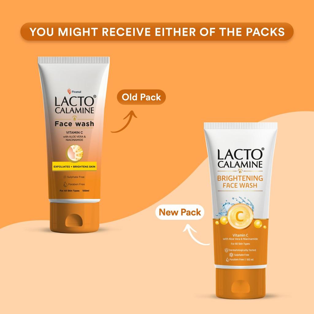 Lacto Calamine Vitamin C Face Wash Pack of 1 x 100ml Aloe Vera Niacinamide Glowing Skin Cleanser