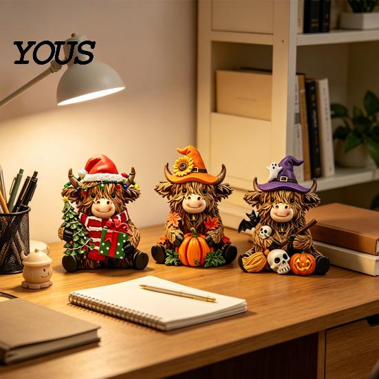 Minimalist Office Desk Decor 3Pcs Highland Cow Figurine, Resin Yak Statues for Thanksgiving Christmas, Creative Decorations Farmhouse Tabletop