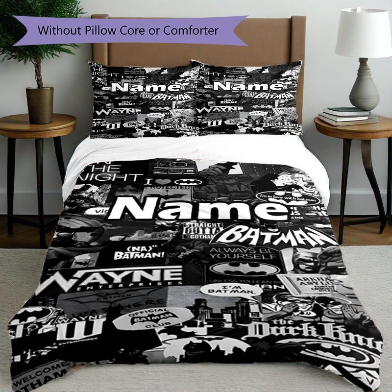 3pcs Duvet Cover Set (1*Duvet Cover + 2*Pillowcase, Without Core), Custom Name Batman Pattern Bedding Set, Home Bedroom Decor Gift
