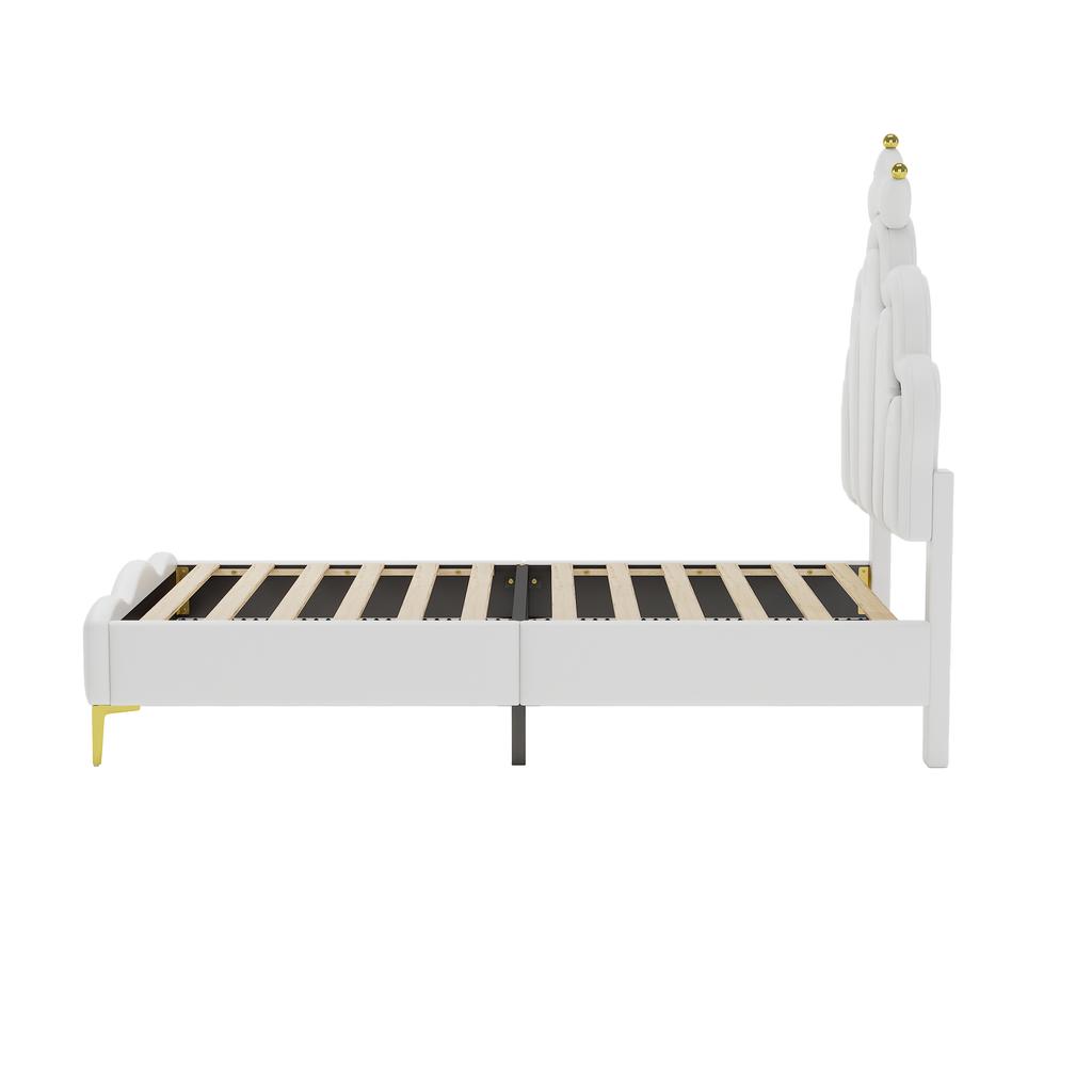 Letto Matrimoniale Piatto 90*200cm, Letto Principessa a Forma di Corona, Rivestimento Morbido in Ecopelle PU, Striscia LED Ambientale Regolabile, Bianco