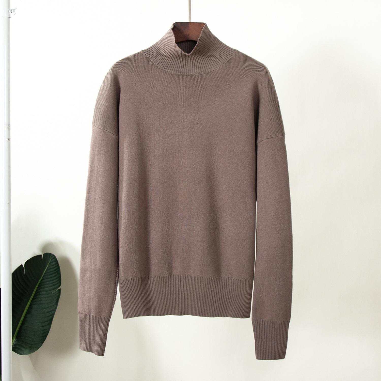 

Однотонный трикотажный джемпер с полувысоким воротником, осенне-зимняя мода, простой, свободный, теплый пуловер, темпераментная элегантность, удобный свитер с длинными рукавами average size