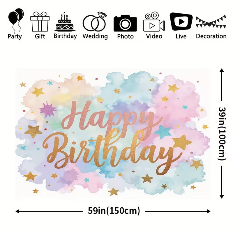 2D Watercolor Pastel Happy Birthday Backdrop for Kids Photography Background