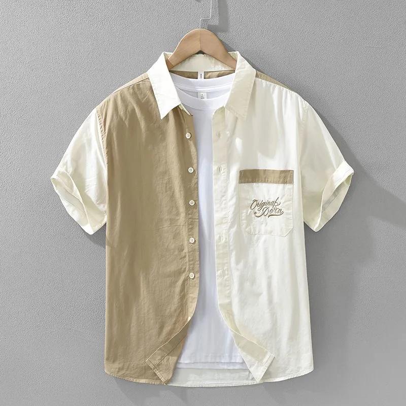 Men's Color Block Short Sleeve Shirt Casual Cotton Button Down Top with Embroidery