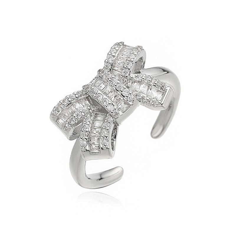 1PC luxury gold-plated synthetic zircon bow ring, with sweet and cool three-dimensional design, niche light luxury fairy style accessories