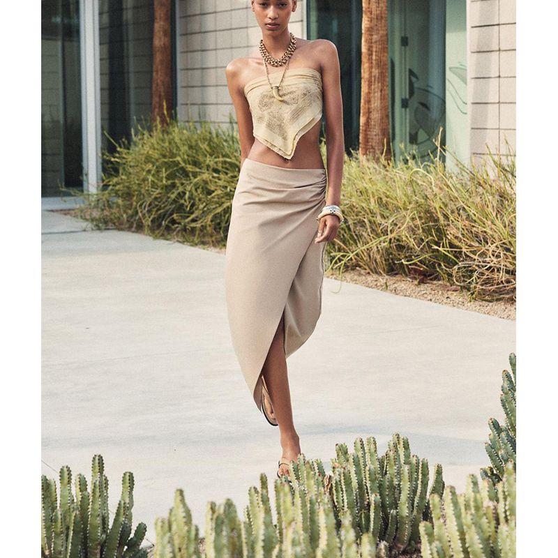 Spring and Summer New Women's Clothing Slit Hemline Side Pleated High Waist Simple Graceful Midi Dress 3897079