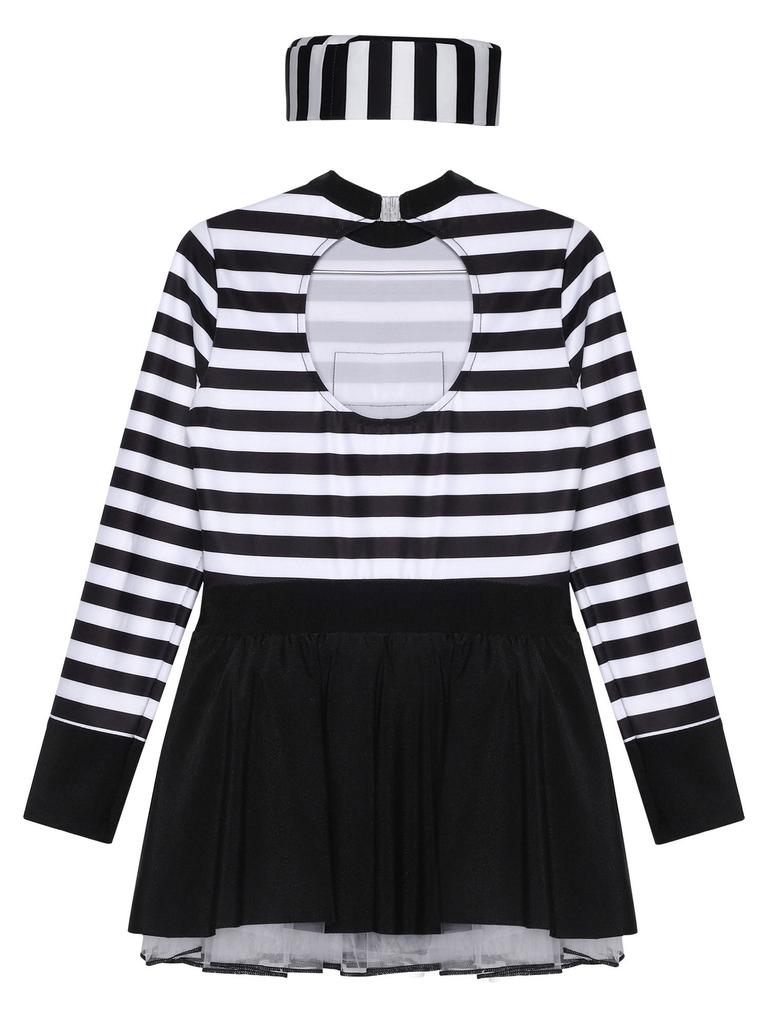 Girl Prisoner Costume 2Pcs Striped Puffy Dress Round Neck Cut Back Long Sleeve Ruffled Tutu Skirt Convict Cap