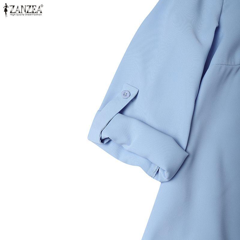 ZANZEA Women Casual V-Neck Summer 3/4 Sleeve Plain Dress
