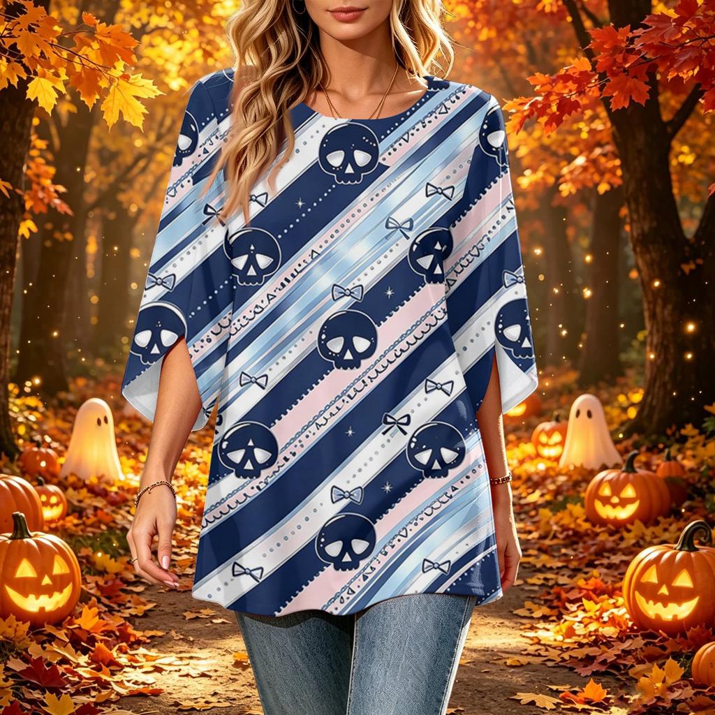 Women's Halloween Print Casual Top, Round Neck, Three-Quarter Sleeve, Loose Fit