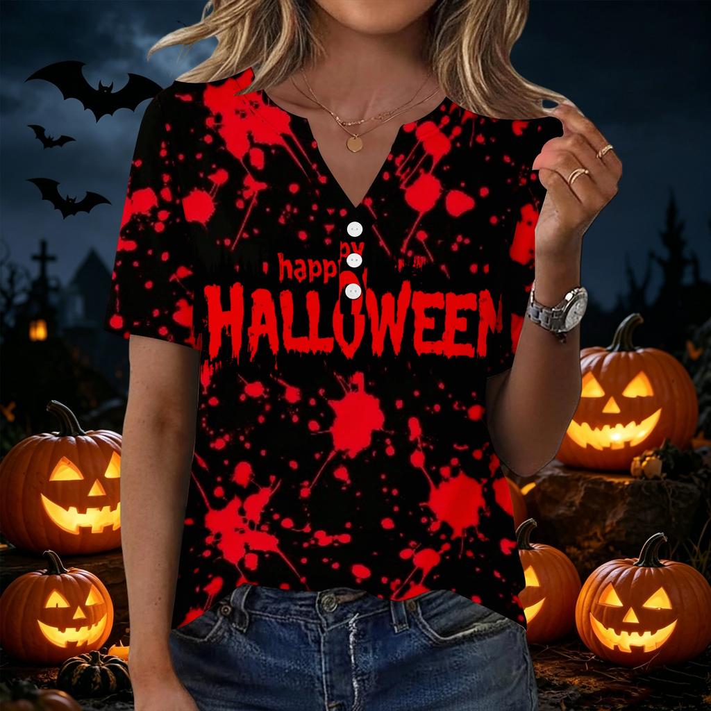 Women's Casual V Neck Button Front Halloween Print T Shirt Top with Three Quarter Sleeves Lightweight Comfortable Fit