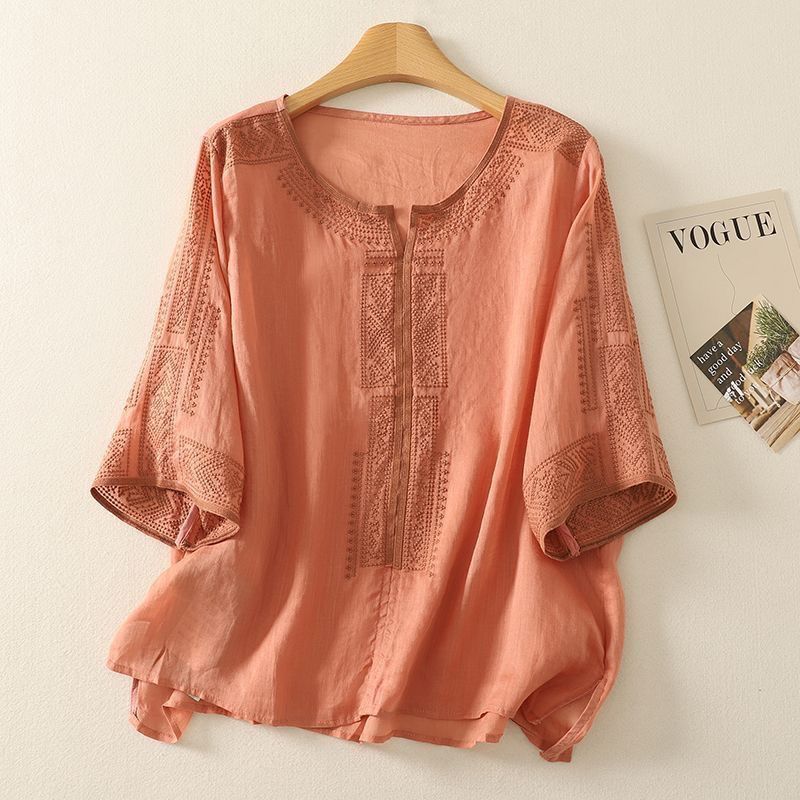 Mother's Summer T-shirt Tencel Linen Loose Casual Women's Blouse Solid Color Short-sleeved Bottoming Shirt