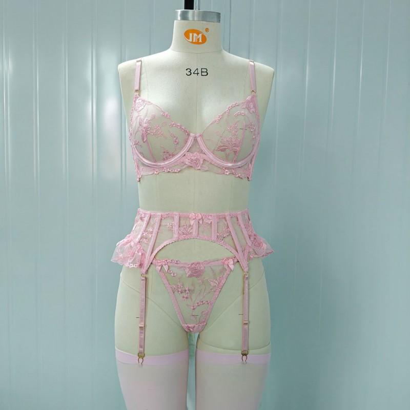 Lace Floral Embroidered Mesh Sheer Garter Belt Stockings Set With Bow Women Sexy Lingerie