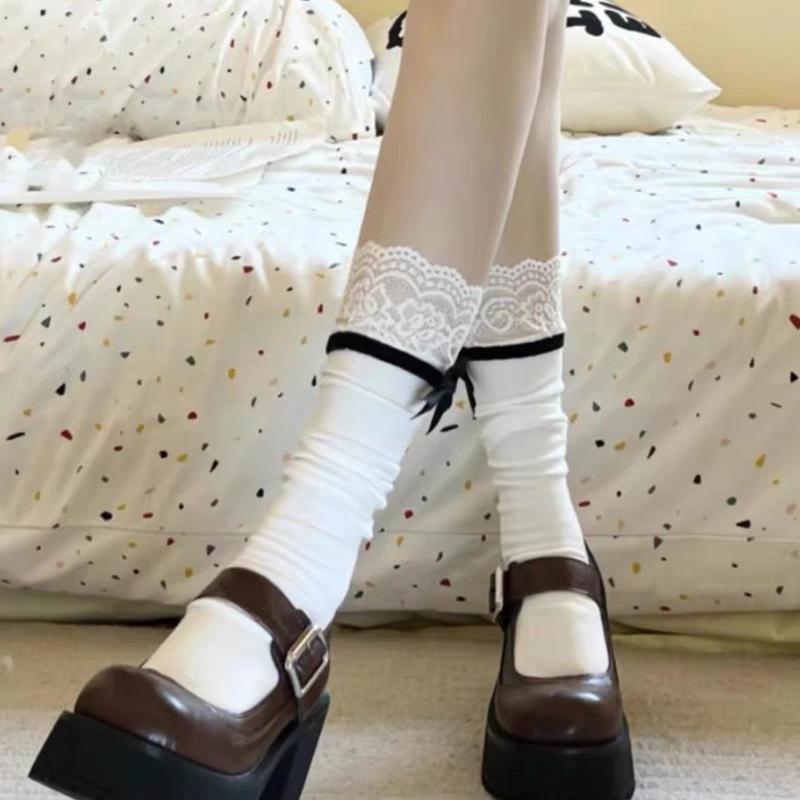 Sweet Lace Patchwork Calf Socks Lolita Bow White Cutewomen Mid-Tube Socks
