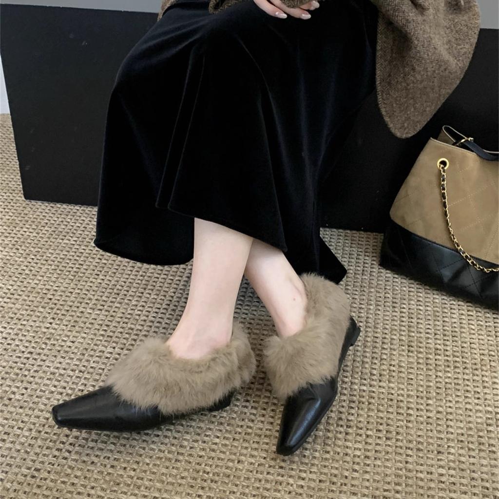 Winter simple square head thick heel fluffy shoes women's comfortable one-pedal elegant lazy shoes shallow single shoes