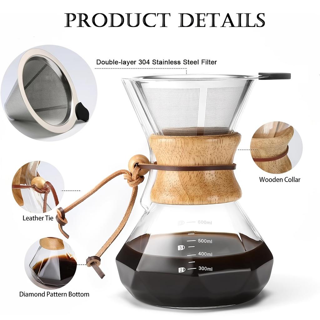 Pour Over Coffee Maker with Reusable Stainless Steel Filter and 100Pcs Filter Paper, 13.5/20oz Borosilicate Glass Coffee Carafe