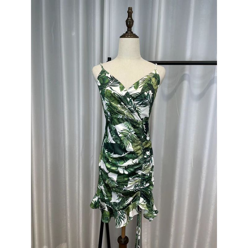 Original Fashionnova Vacation Style Chic and Beautiful Green Leaves Ruched Waist Trimming Spaghetti Straps Dress Women