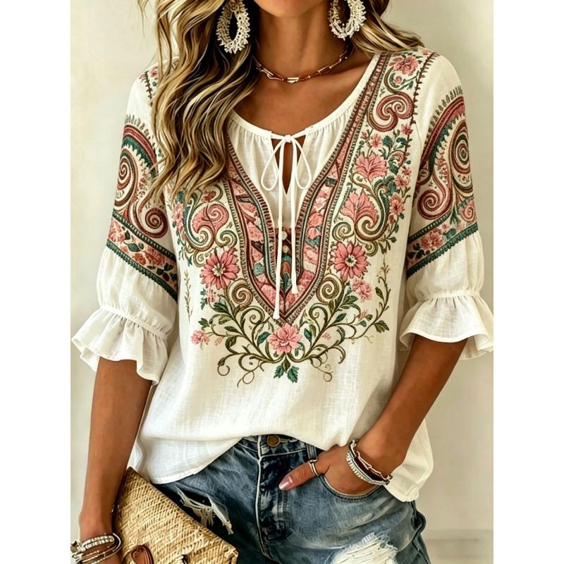 Damen Weiße Geblümte & Paisley Print Krawattenhals Bluse, Lässige Lockere Tops für Frühling Sommer Tägliches Tragen & Urlaubsanlässe
