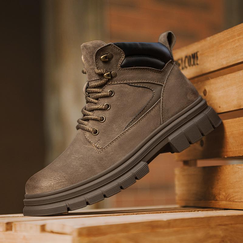 Leisure Walk High Top Shoes Suede Leather Ankle Boots Non-Slip Lace-Up Mens Motorcycle Boots Classic Wear-Resistant Hiking Botas