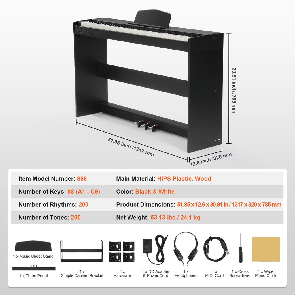 SucceBuy 88 Key Electric Piano Fully Weighted Keys Dual Keyboard Mode, Simple Cabinet Bracket, 200 Tones & Rhythms for Beginners