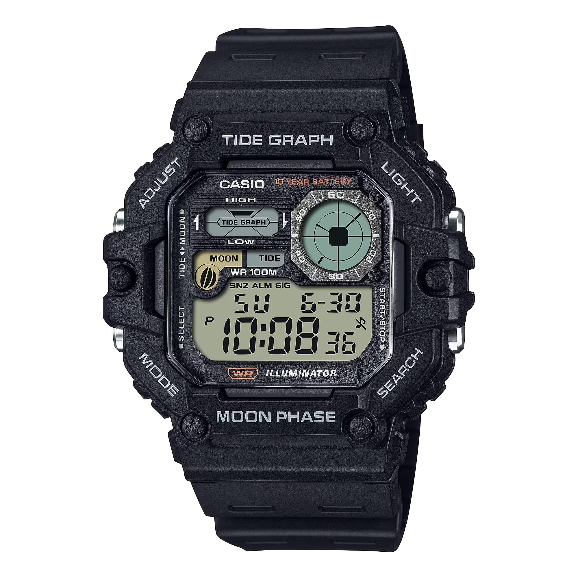 Casio Luminator Tidegraph Moon Phase 10 Year Battery Digital Watch, Black, WS-1700H-1AVCF
