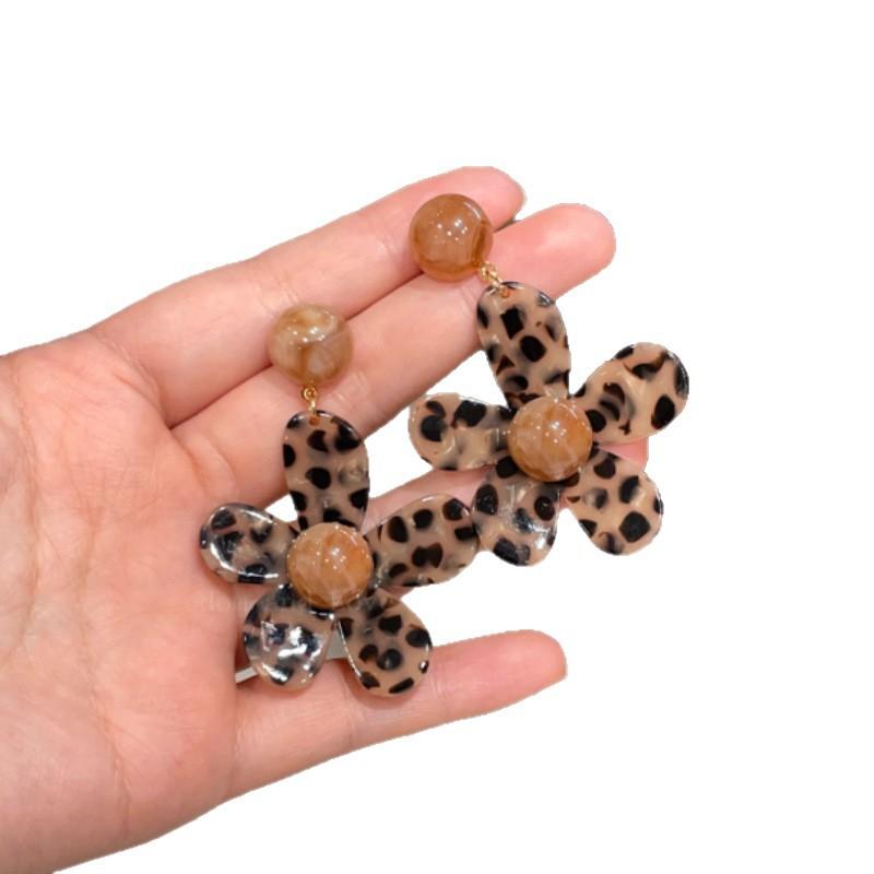 Silver Needle Resin Smudged Leopard Print Flower Pendant Earrings Retro Ethnic Style Stud Earrings Niche High-end Earrings