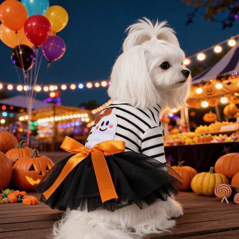 Halloween Pet Dress Small Dogs Cats Striped Ghost Orange Bow Tulle Skirt Costume
