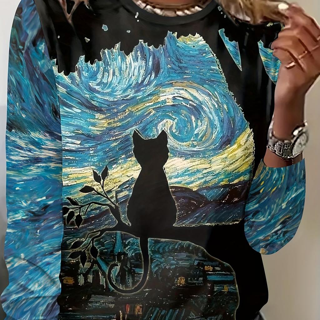 Cat & Starry Print Crew Neck T-Shirt, Casual Long Sleeve Top For Spring & Fall, Women's Clothing