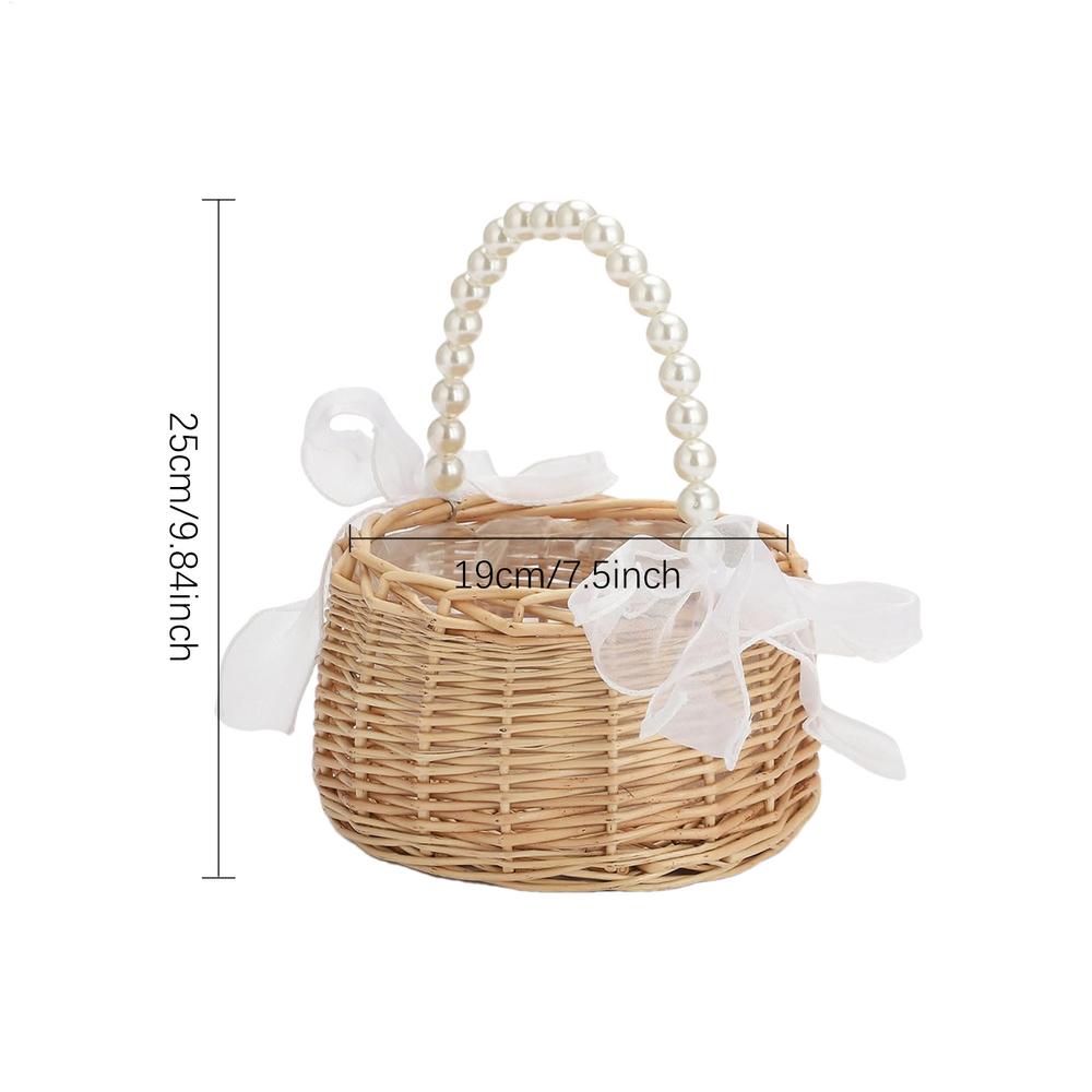 M/L Weiden-Blumenmädchenkorb mit Perlenhenkel & Schleife Handgeflochtener Oster-Rattan-Korb Romantische Hochzeitsdekoration Blumenkorb