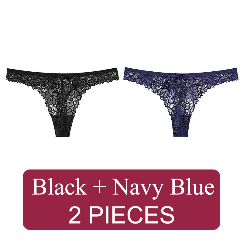 2 Pcs Sexy Lace Thong Low Waist Lace Transparent Panties Women Hollow Out Breathable G String Briefs Bow Underwear Lingerie