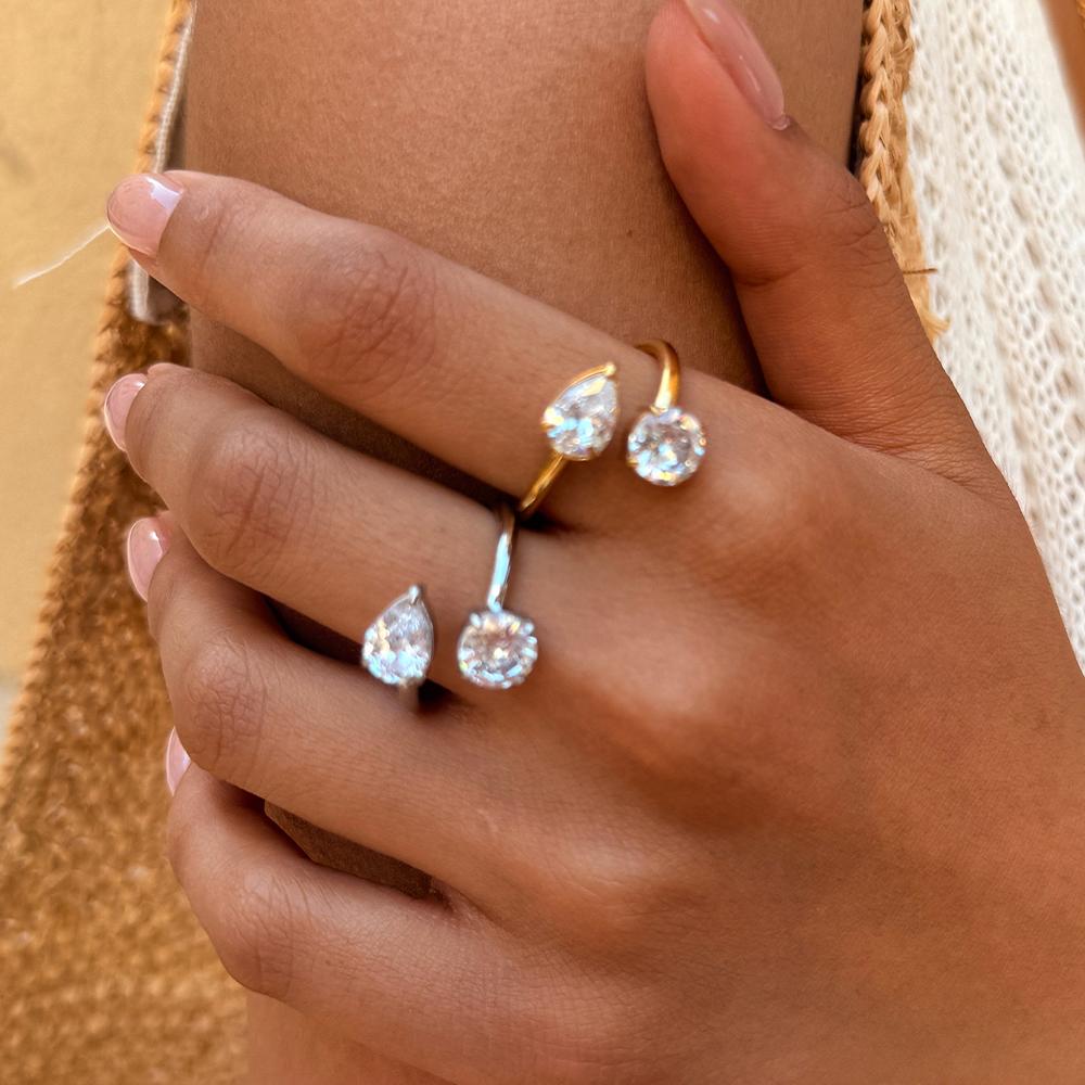 Stainless Steel Open Rings Waterproof PVD Gold Plated Teardrop Round Cubic Zirconia Finger Jewelry for Women
