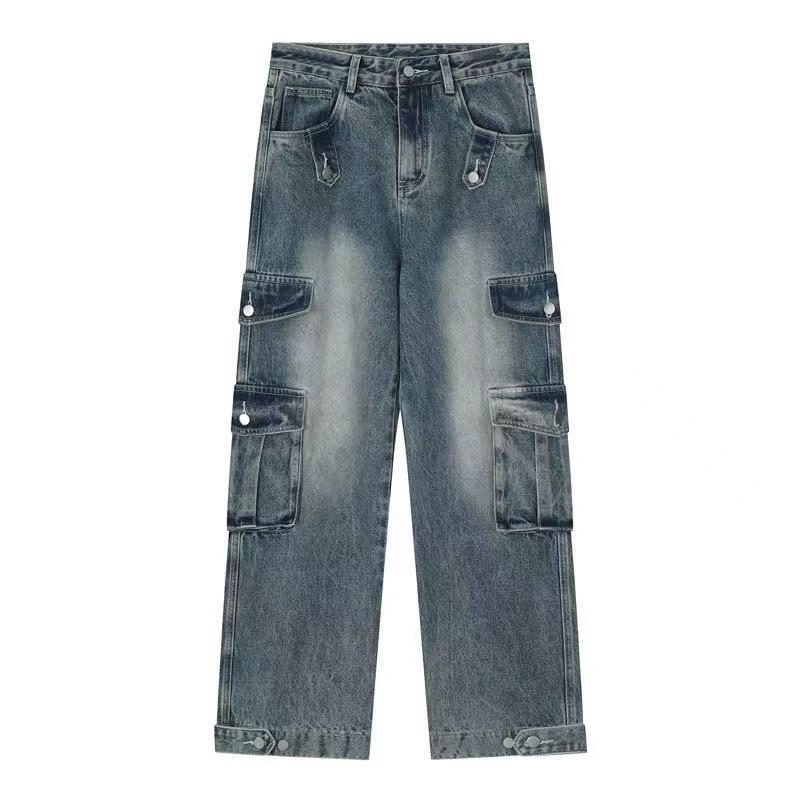 Tooling jeans men's spring and autumn American trendy brand niche straight pants high street zipper loose wide-leg denim trousers