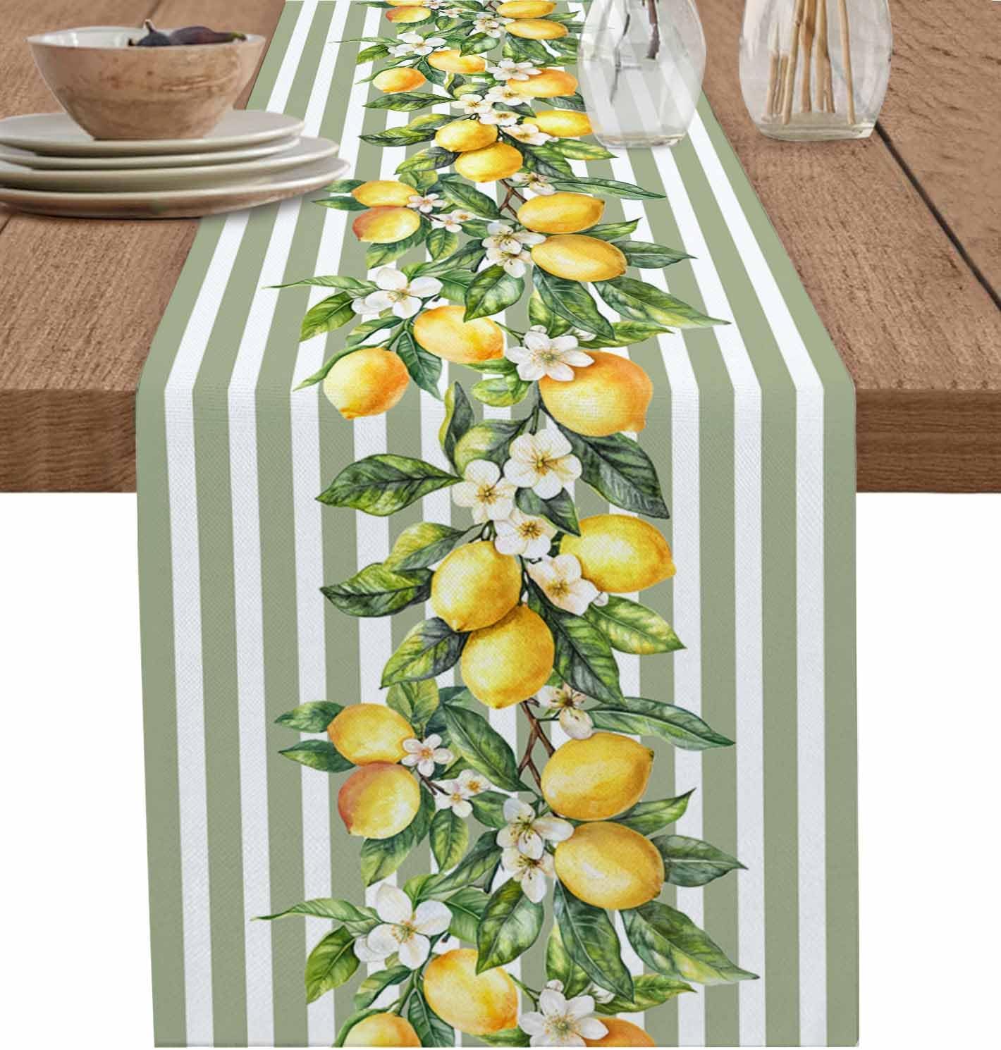 Jingyue Pet Green/White Summer Lemon Fruit Flowers Linen Table Runner Dresser Scarf Decor Striped Table Runners Holiday Kitchen Party Decor
