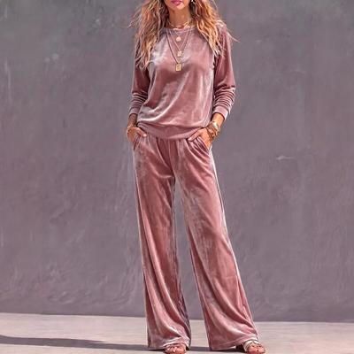 1116 European and American Autumn and Winter Women's Two-piece Casual Round Neck Pullover Long-sleeved Wide-leg Trousers Velvet Suit