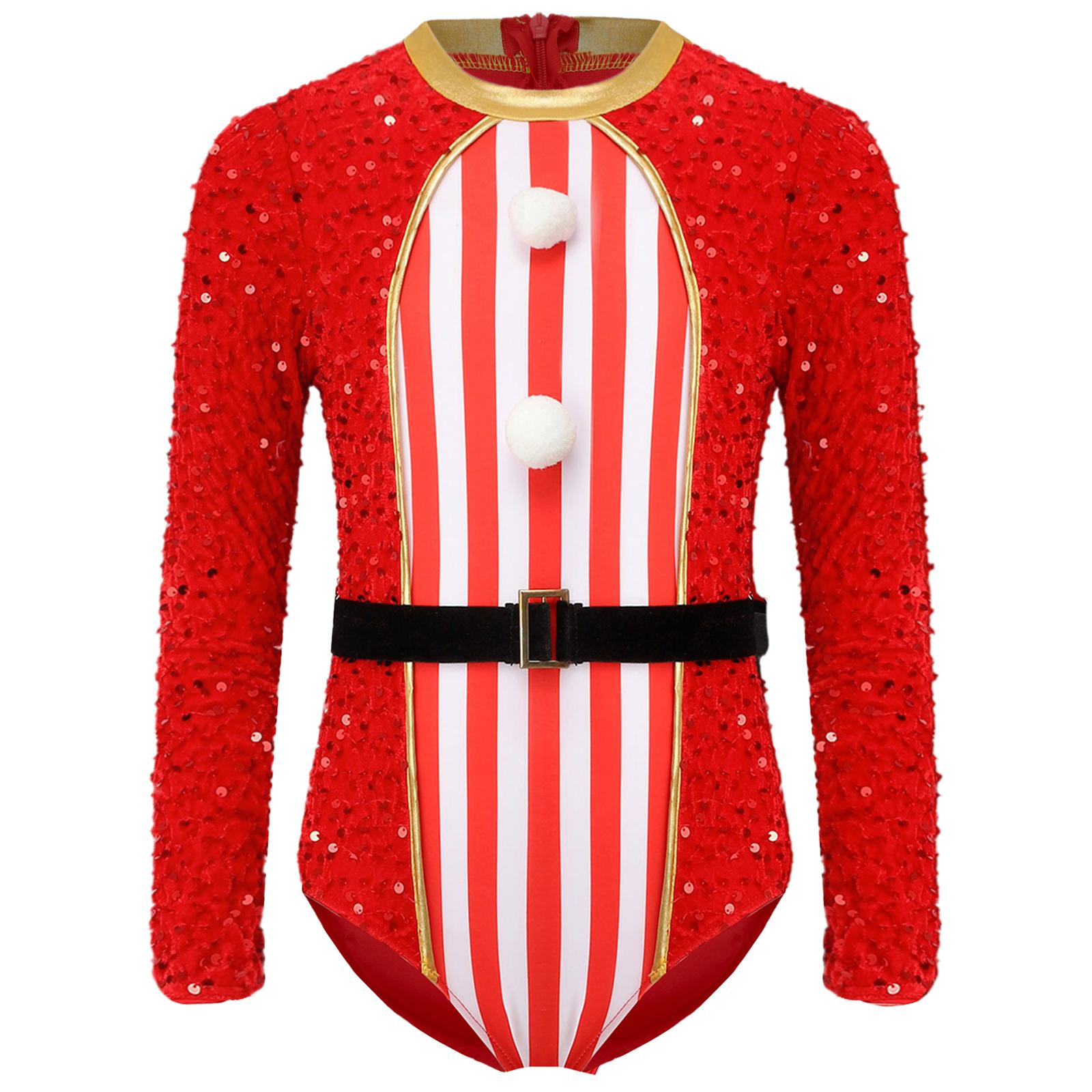 

Girls Christmas Candy Cane Bodysuit Long Sleeve Stripes Sequins Jumpsuit Dance Figure Skating Leotard 7-8 Years