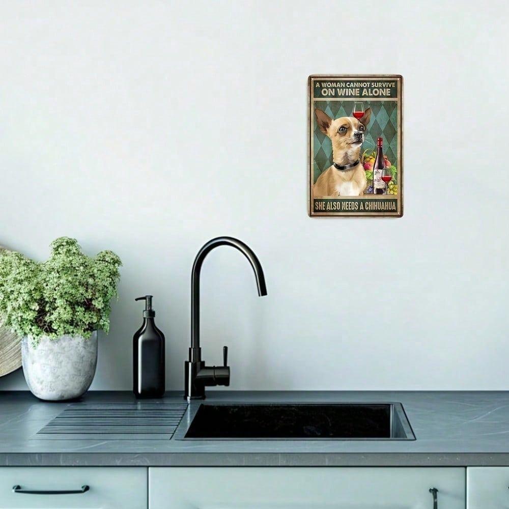 1 Pezzo Segno Metallico a Latta Divertente Chihuahua Vino 8x12 Pollici Decorazione Murale Rustica Vintage Placca in Ferro Artistico Senza Cornice