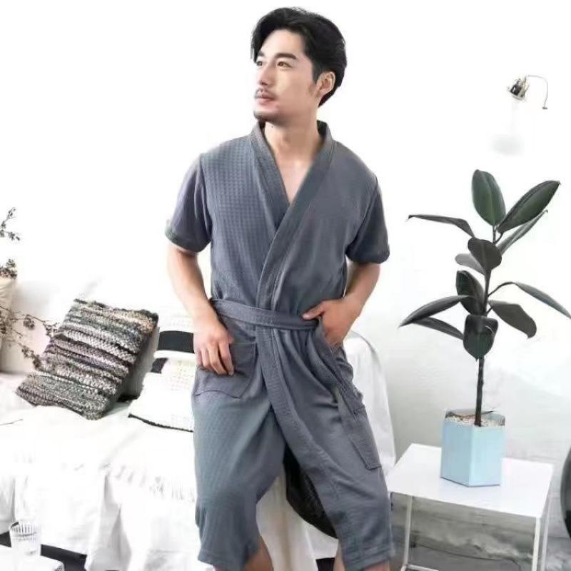 Unisex Waffle Weave Bathrobe: Lightweight, Water-Absorbent Yukata-Style Nightgown for Spring, Summer, and Autumn