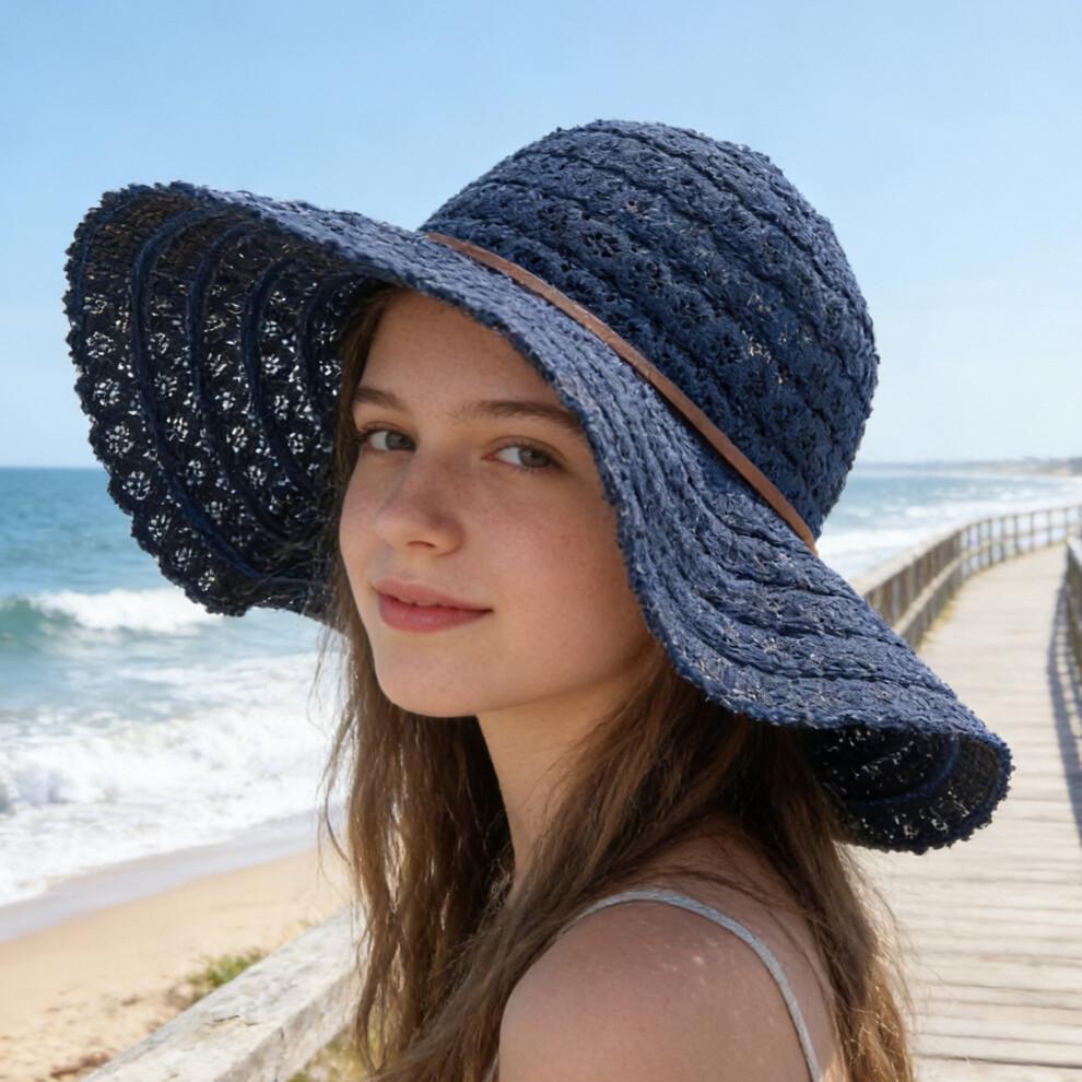 (Einheitsgröße, Blau) Damen Sommerstrohhut Eleganter Floppy-Hut mit breiter Krempe Strandkappe Leichter Spitzen-Sonnenhut
