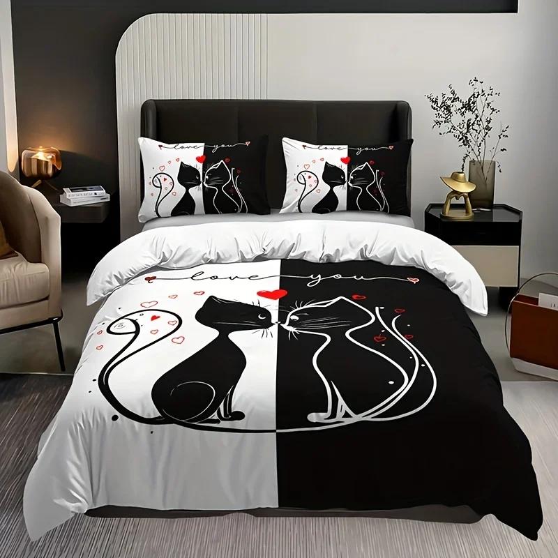 Cute Black Duvet Cover Set Color Cat Print Bedding Set Soft Comfortable Breathable Duvet Cover For Bedroom Decor